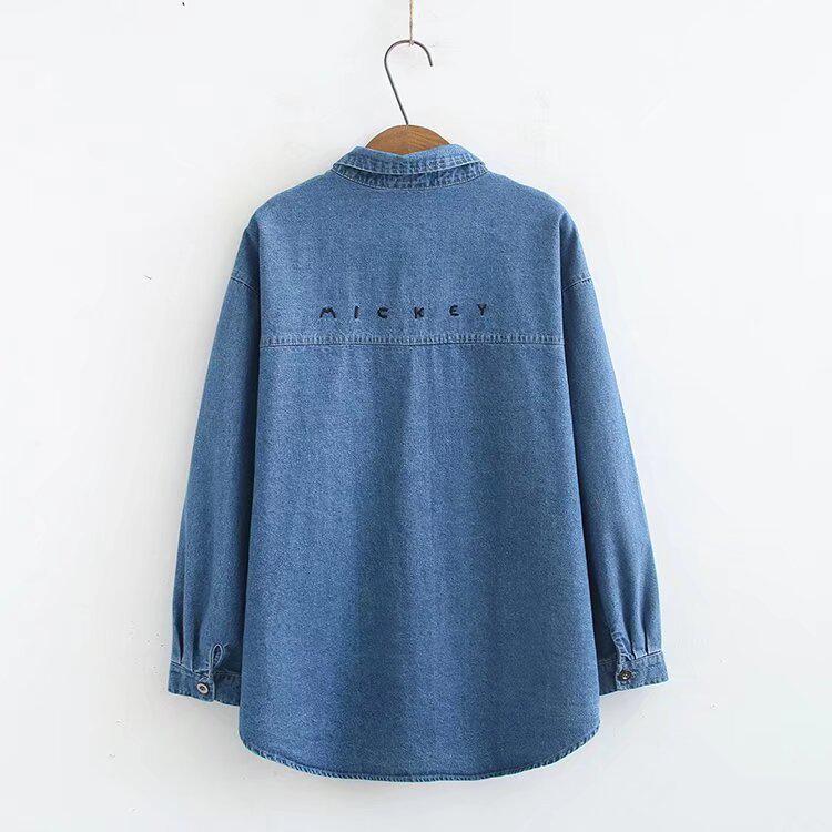 2024 Spring Plus Size Women's Denim Shirt - Long Sleeve Embroidered Cartoon Jacket for Chubby Girls