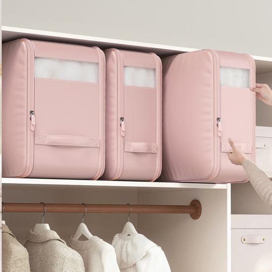 Collapsible Comforter Bag Zippered Self Compression Clothes Storage Bag with Transparent Window Large Capacity Expandable Closet Organizer