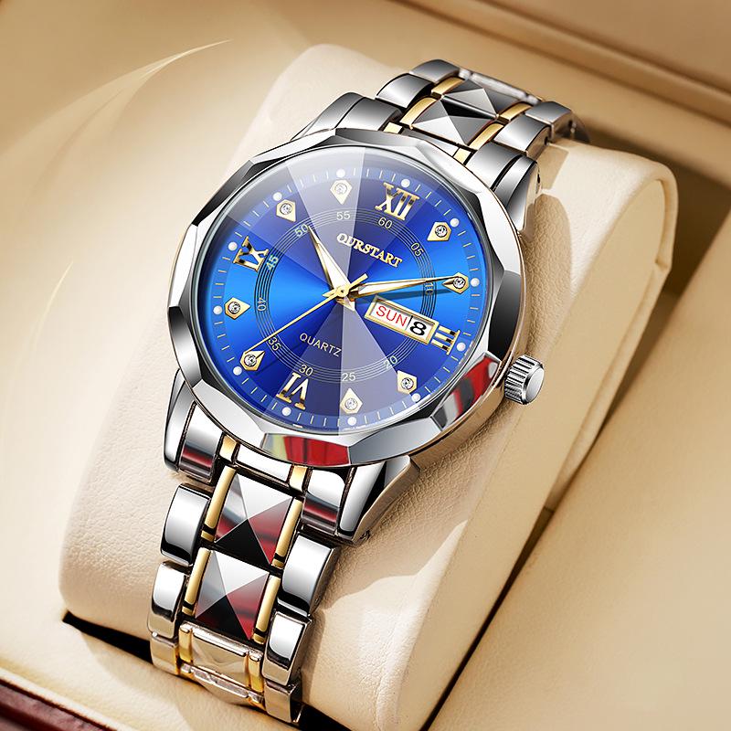 Men's Luminous Waterproof Quartz Watch with Rivet Steel Band & Double Calendar Display