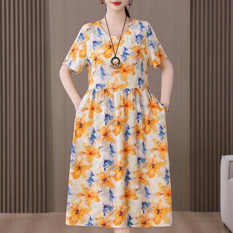 Plus Size Women's Summer Dress Elegant Loose Short Sleeve Long Dress Female Vintage Clothes