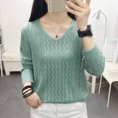 Female Spring and Autumn Long-sleeved Loose V-neck Openwork Sweater Knit Base Layer Pullover Top