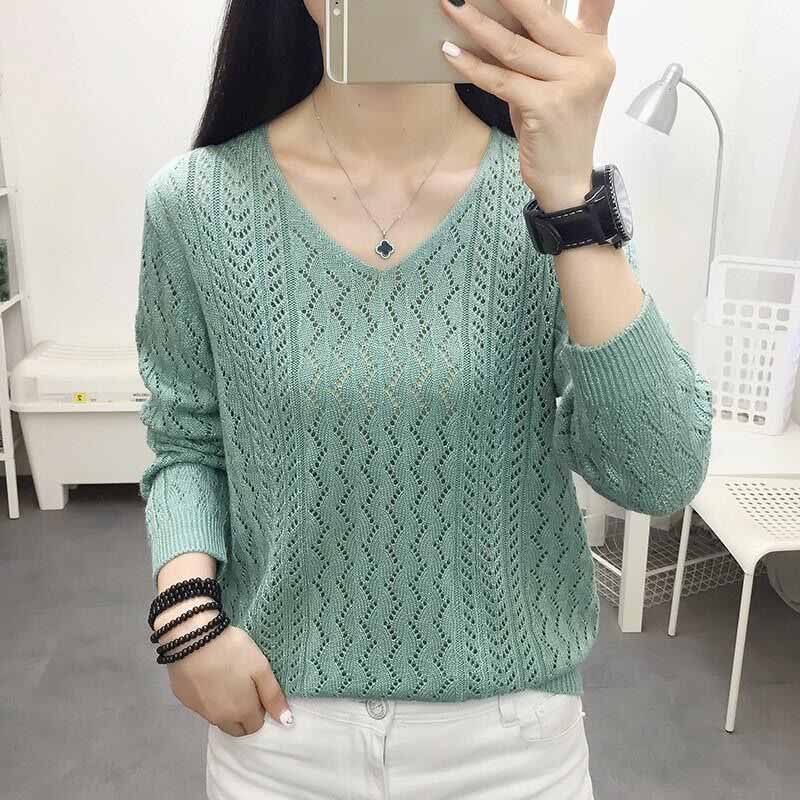 Female Spring and Autumn Long-sleeved Loose V-neck Openwork Sweater Knit Base Layer Pullover Top