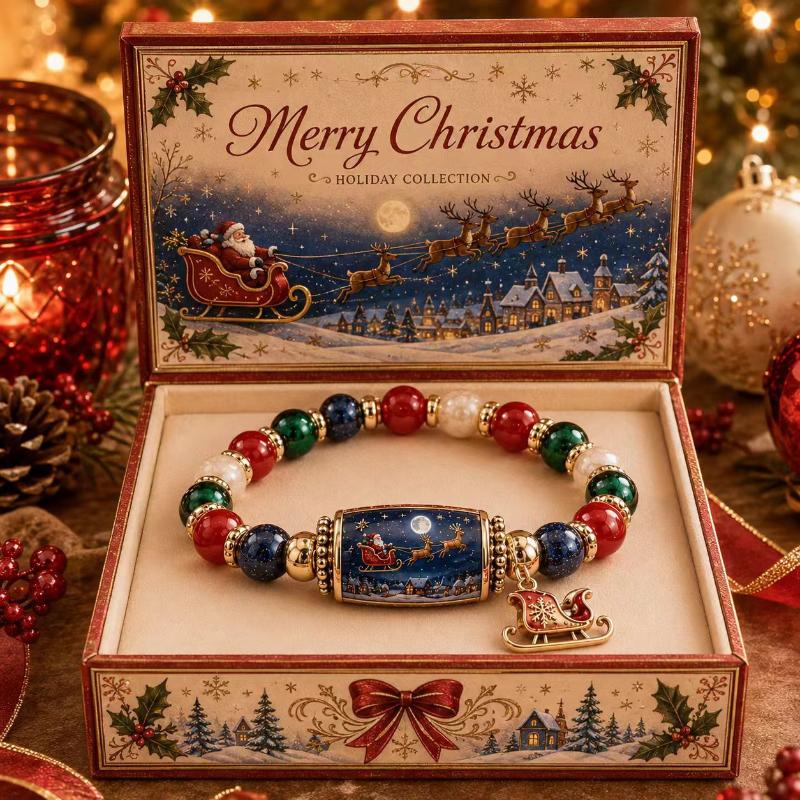 Christmas Beaded Bracelet With Santa Sleigh Charm Perfect For Holiday Gifting Christmas Party Winter Accessory