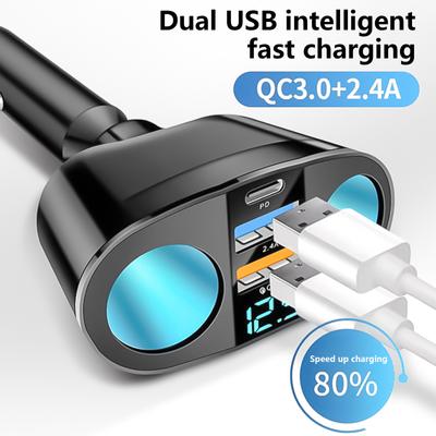 Carregador de carro 5 em 1 com porta USB dupla tipo C, adaptador divisor de energia de carregamento rápido com luz LED azul para telefones e tablets