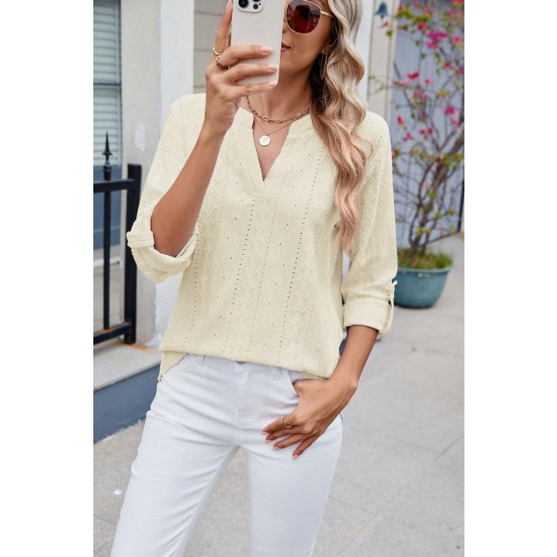 Damen Frühling und Sommer Neues einfarbiges V-Ausschnitt Siebenviertelärmeliges Knopf-Top-T-Shirt