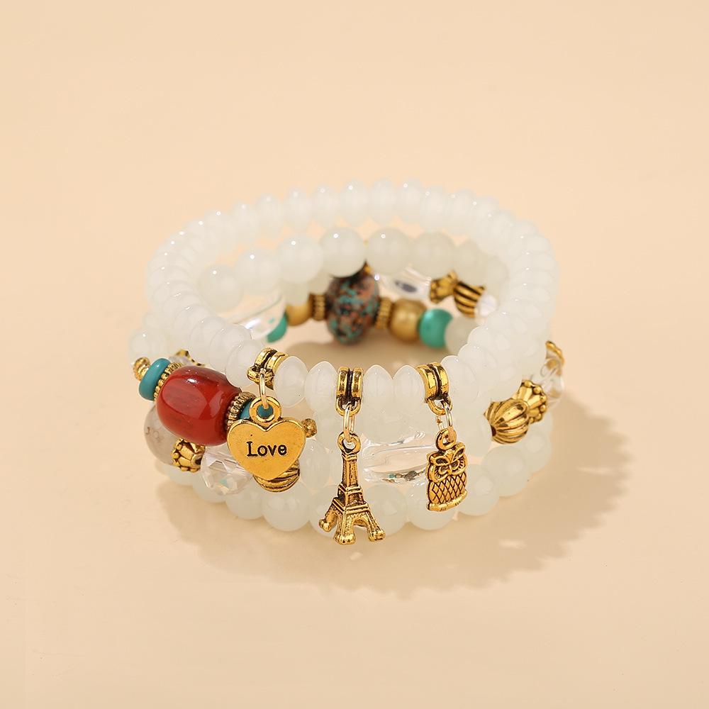 Bohemian Ethnic Multi-layer Bracelet with Owl, Heart & Eiffel Tower Pendants