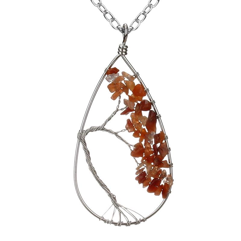 Handmade Silver Wrapped Copper Wire Crushed Stone Tree of Life Necklace, Water Drop Natural Stone Design, Bent Tree of Life Necklace N28.