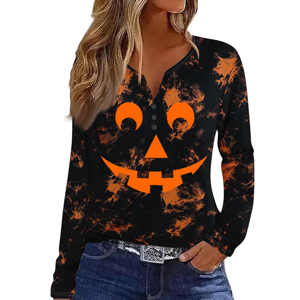 Women's Casual Halloween Print V-Neck Long Sleeve T-Shirt with Decorative Buttons