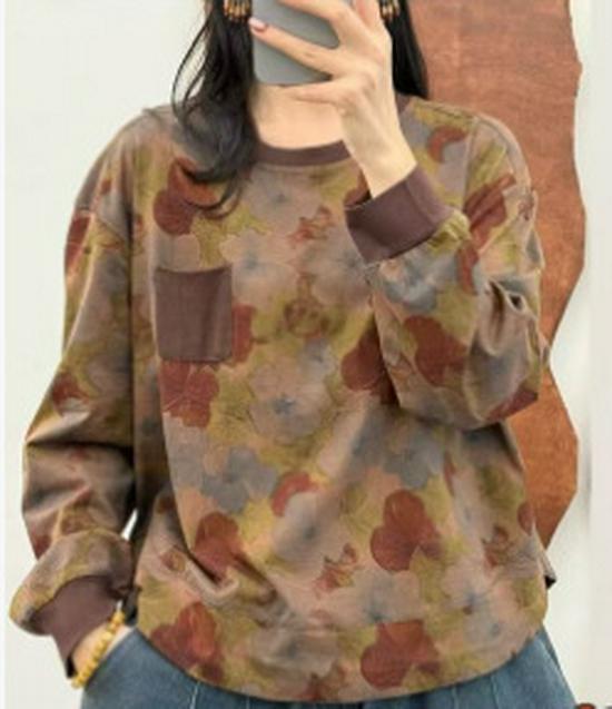 Women's Casual Spring Print Long Sleeve Cotton Pullover Top