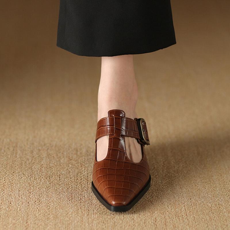 Fashion NEW Summer Women Mules Genuine Leather Shoes for Women Cover Toe Wedges Slippers Belt Buckle Pointed Toe Black Women Sandals