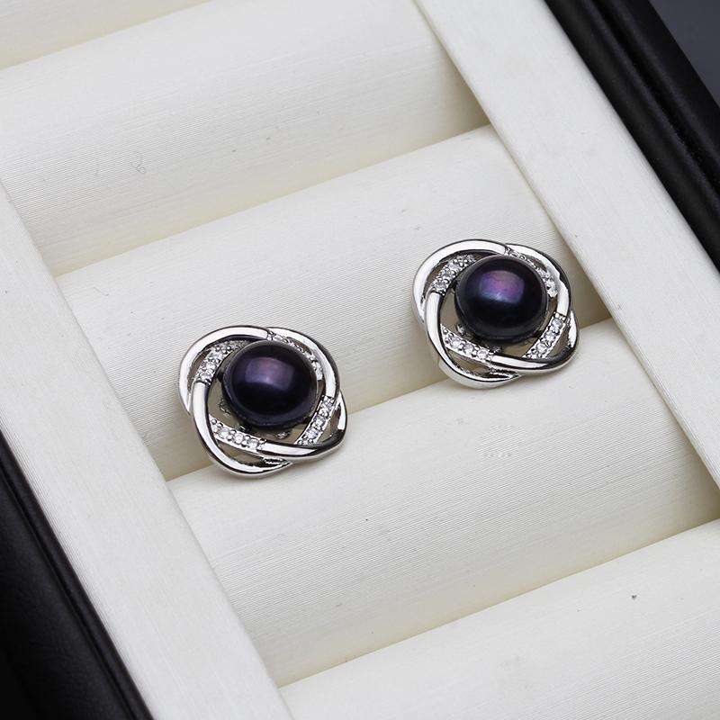 Wedding Natural Freshwater Pearl Stud Earrings Women,Bridal Silver 925 Pearl Earrings Wife Mother Birthday Gift White Black