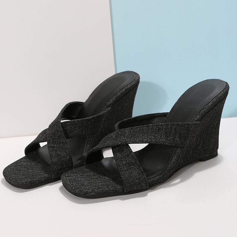 2025 Summer New Square Head Open-toed Denim Cross with Wedge Heel Cool Slippers Women's Fashion High-heeled Sandals