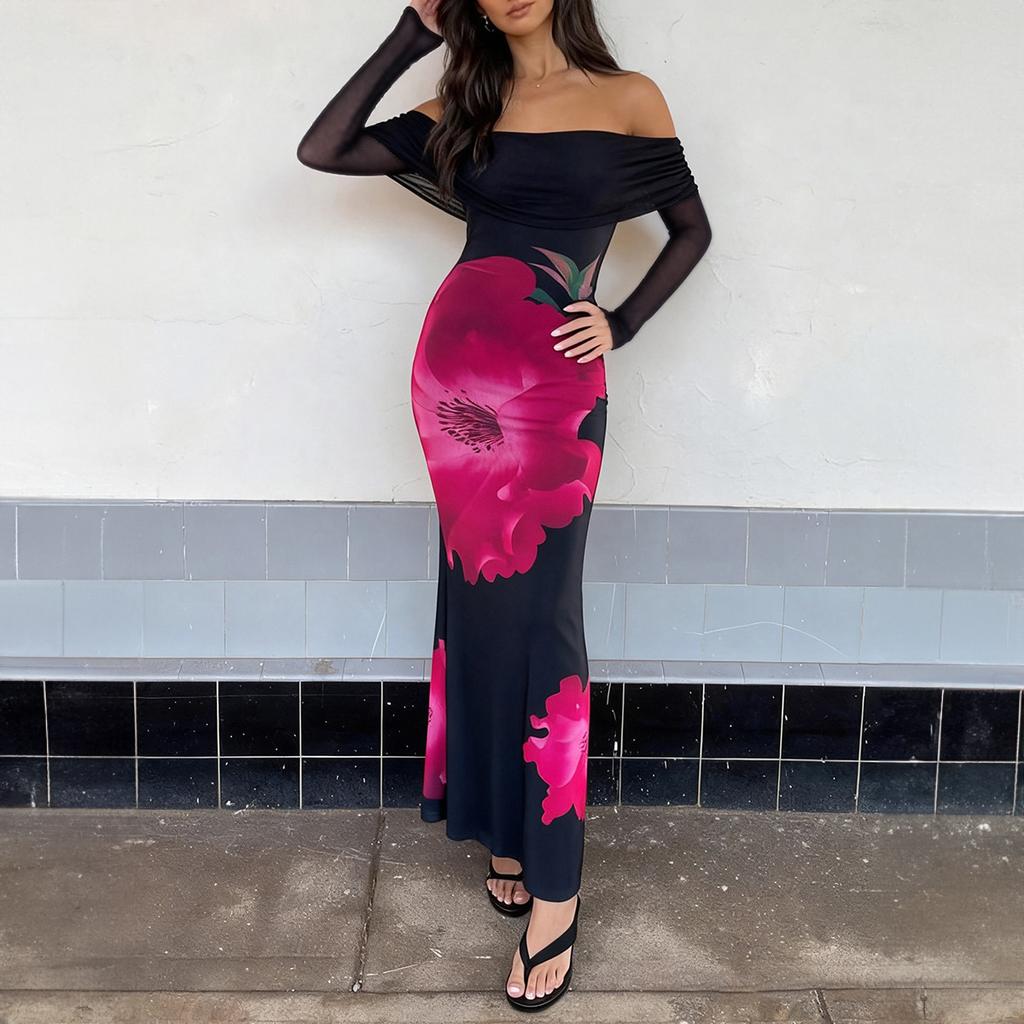 Elegant Style Printed Tube Top Long Sleeve Long Skirt Dress for Women 2025 Autumn and Winter