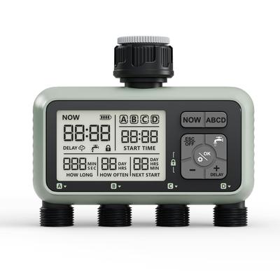Temporizador de riego automático programable con 4 salidas para manguera de jardín, con retardo por lluvia y modo manual/automático para césped, jardín y piscina.