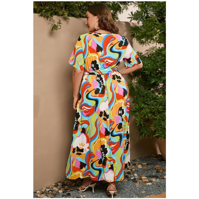 Summer Women Dress Short Sleeve High Waist V-Neck Midi Dress Plus Size Sexy Temperament Print Dress