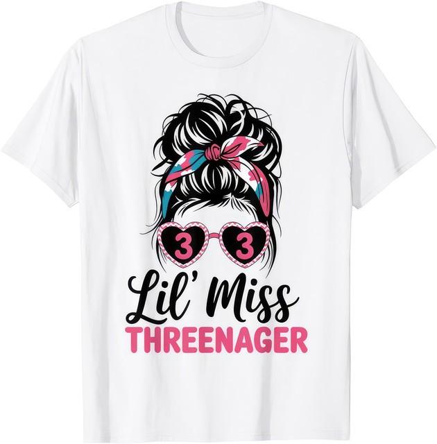 Kids Little Miss Threenager 3rd Birthday Girl Funny Messy Bun T Shirt M