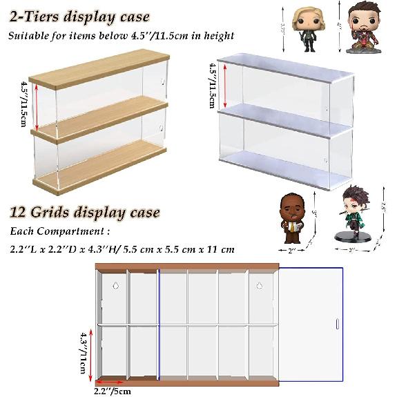 Clear Acrylic Display Shelf Case for Mini Funko Pop, Wooden Display Stand Riser 2 Layer Storage Rack for Decoration Action Figures Collectibles Toys,