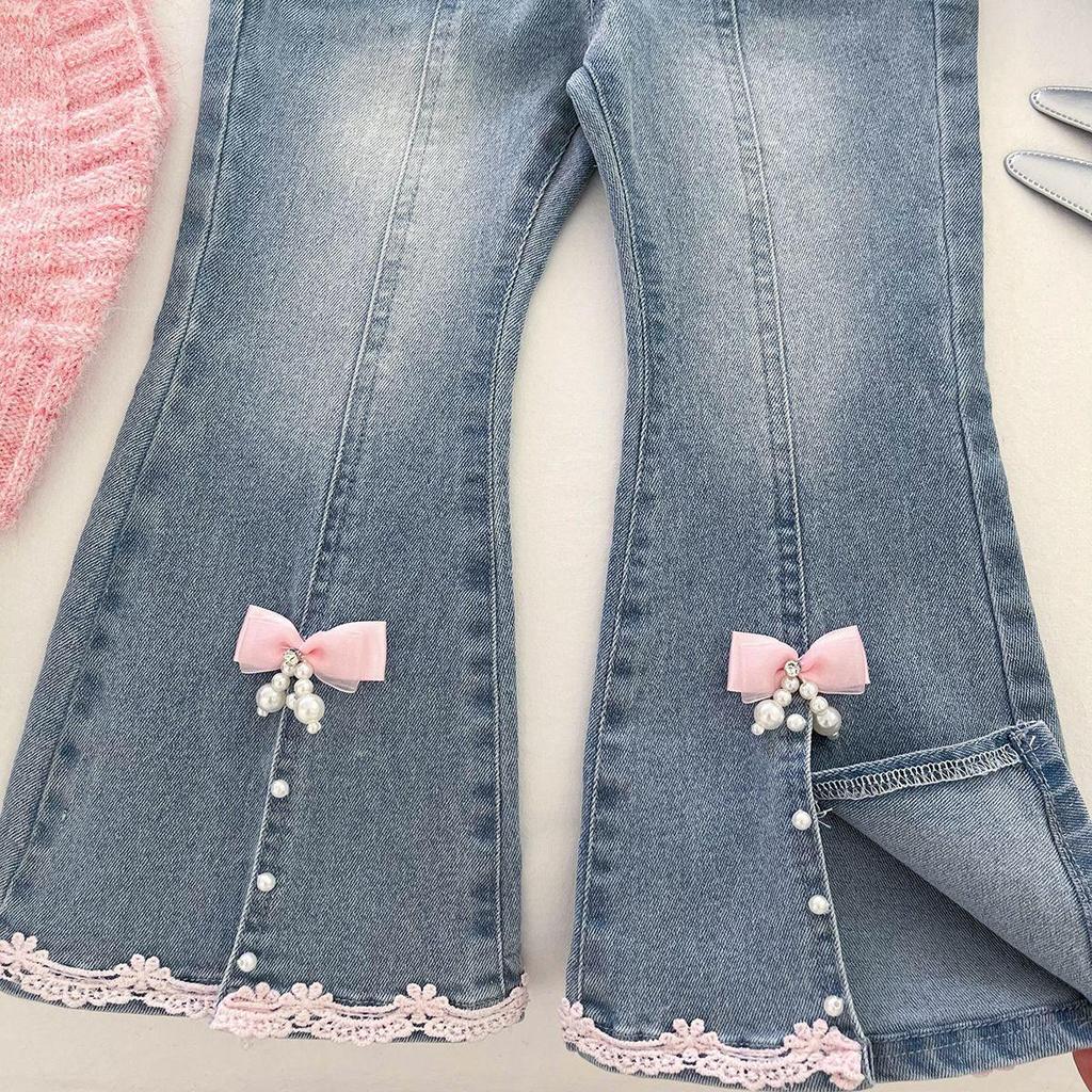 Baby Girl Autumn Knit Set: Wool Vest, Shirt & Micro-Flare Jeans Trendy Three-Piece 2025.