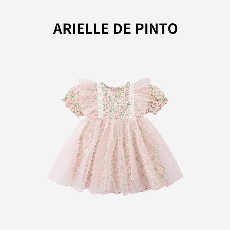 French Arielle De Pinto Girls  Skirt Summer Sweet and Fashionable Puff-Sleeved Floral Princess Dress Pink 110
