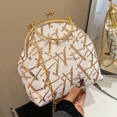 Kleine Tasche Kussverschluss Muschel Clip Henkel für Damen Paillettentaschen Messenger Kettenriemen Handtaschen Umhängetasche Clutch Weißgold