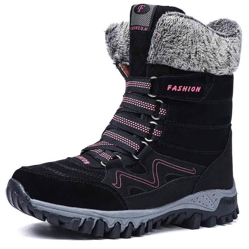 Women Winter Velvet Plus PU Snow Boots Casual Suede Medium Warm High Top Cotton Shoes Large Antiskid Solid Color Lace Up Rope