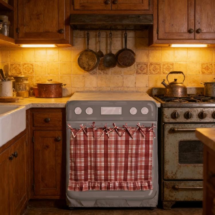 Heat Resistant Fabric Oven Curtain With Adjustable Ribbons And Elegant Ruffled Trim Cabinet Dish Washer Hide Skirt Cover