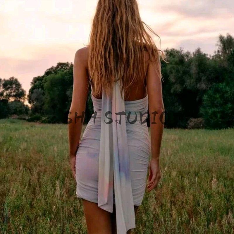 Summer New Product Women Clothes French Style Design Sense Neck Collar Backless Print Silk Net Short Dress 3071001