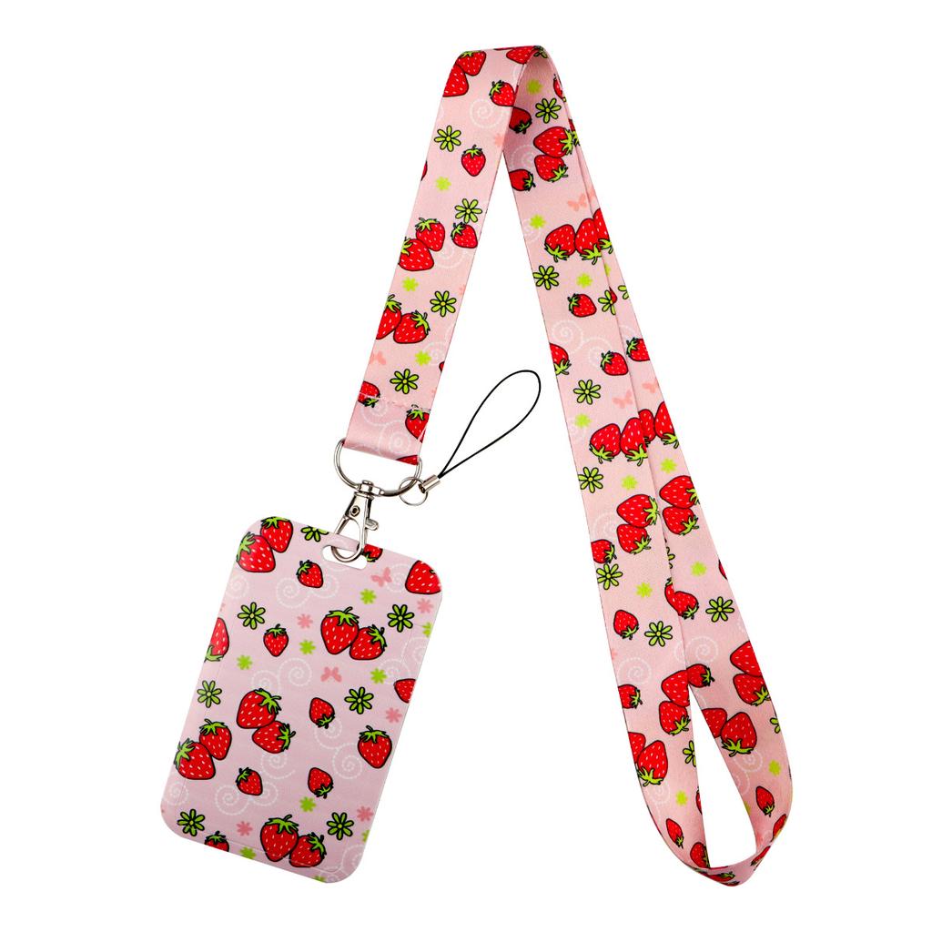 Leopard Print Love Strawberry Mobile Phone Lanyard Card Cover Bus Card Student Card Work Certificate Hard Shell