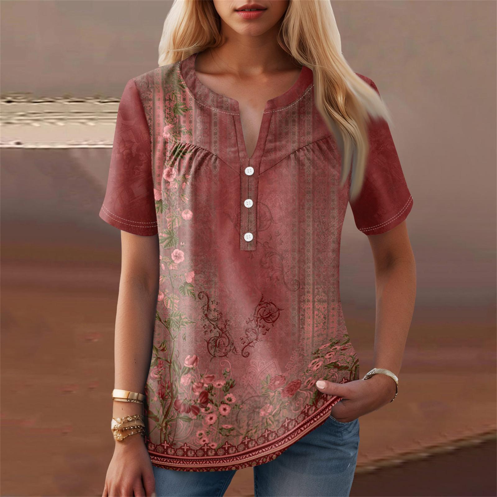 

Женская повседневная футболка с v-образным вырезом и коротким рукавом с цветочным принтом и декоративными пуговицами, топ L винный