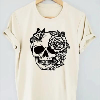 Fashion Women Skeleton Rose Lines Print T Shirt Funny Casual O-neck Short Sleeves T-shirt Summer Female Tee Shirt