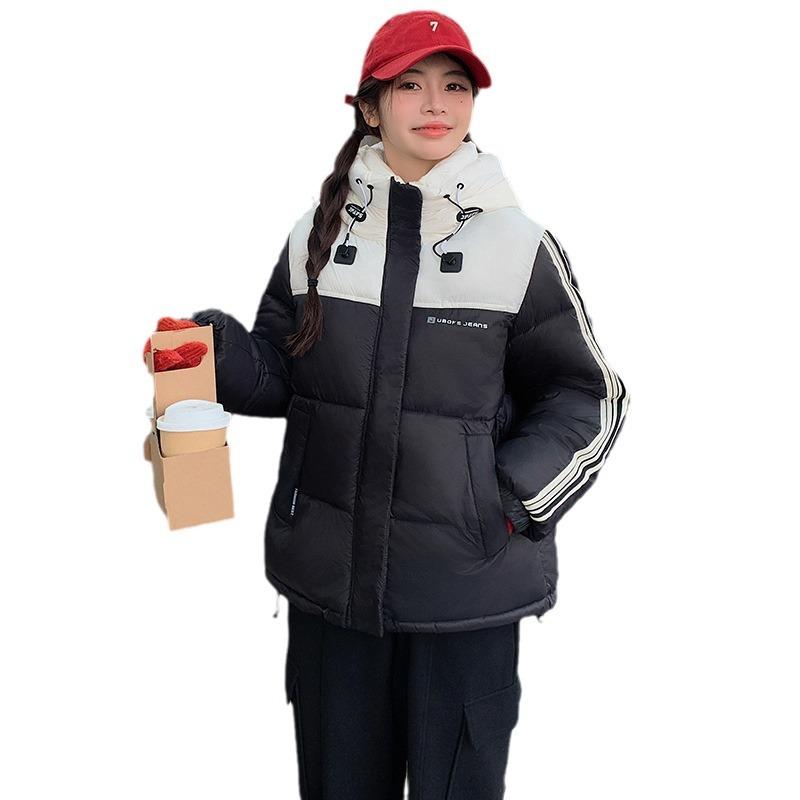 Spliced contrasting hooded cotton clothes for women in 2025 winter new loose thickened warm jacket bread jacket