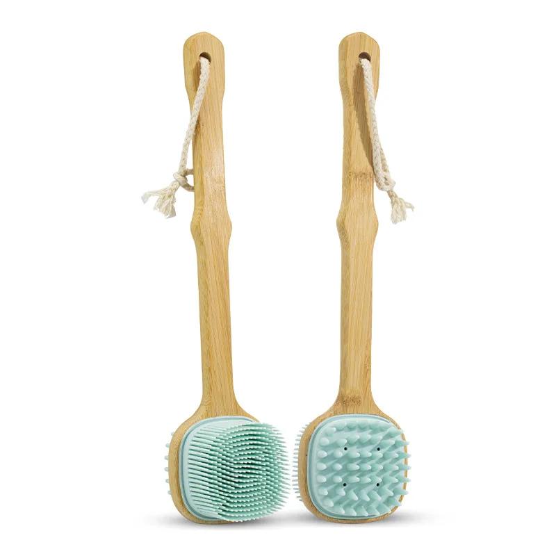Silicone Brush Long Head Back Scrubber Shower Brush With Long Wooden Handle Dry Skin Exfoliating Body Massage Cleaning Tool