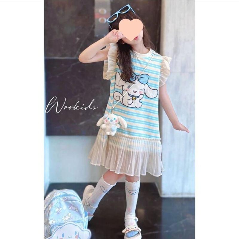 Cartoon Striped Girls Sleeveless Dress with Flutter Sleeves Summer Casual Wear