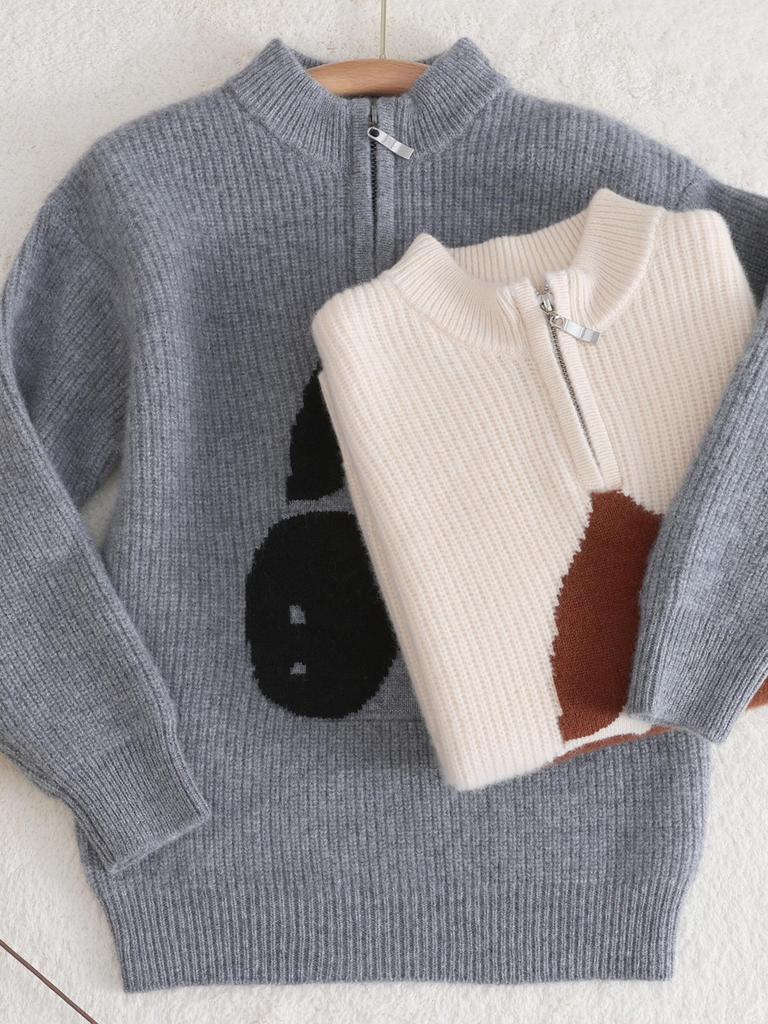 Kids' Cherry Jacquard Wool Pullover Sweater, Unisex Half-Zip Ribbed Base Layer