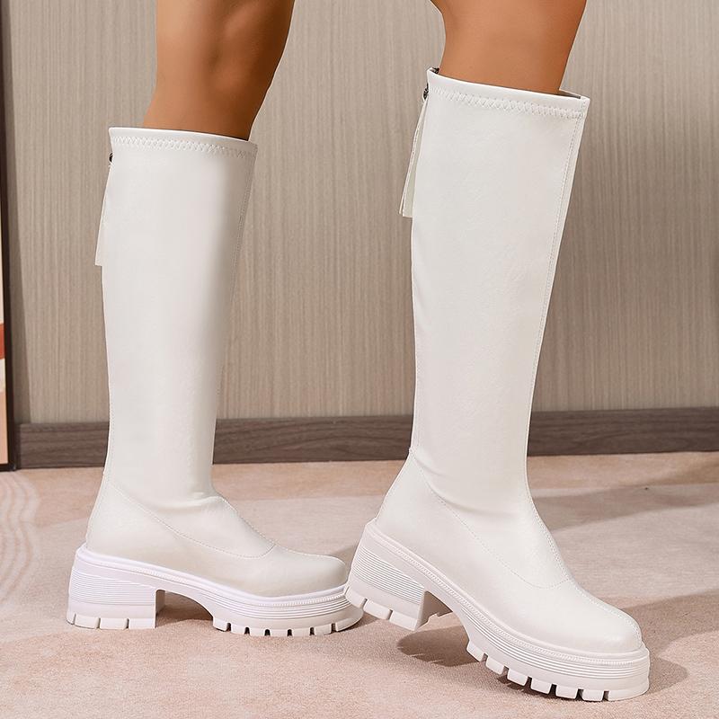 Chunky Platform Black Knee High Boots Women Fashion Back Zipper Pu Leather Long Boots Woman Thick Sole Motorcycle Botas Mujer