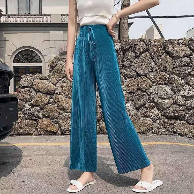 2025 Spring Summer Women's Ice Silk Chiffon Pleated Wide-Leg Loose Casual Long Pants
