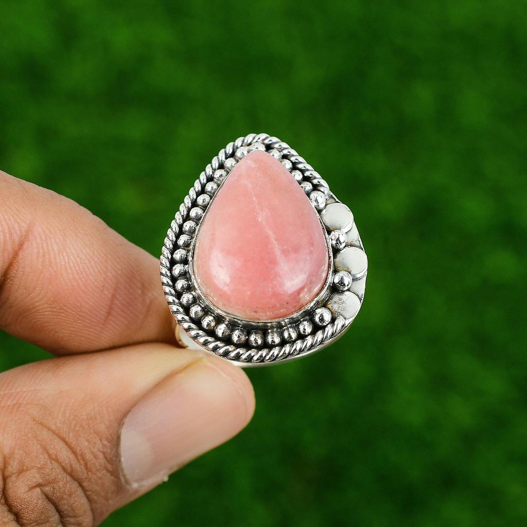 Mothers day Deal Rhodochrosite Stone Sterling Silver Statement Heart Chakra Ring