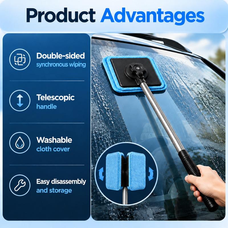 Extendable Handle Windshield Cleaner Magnetic Lock Glass Cleaning Kit Car Window Cleaning Tool Detachable Pads Streak-Free
