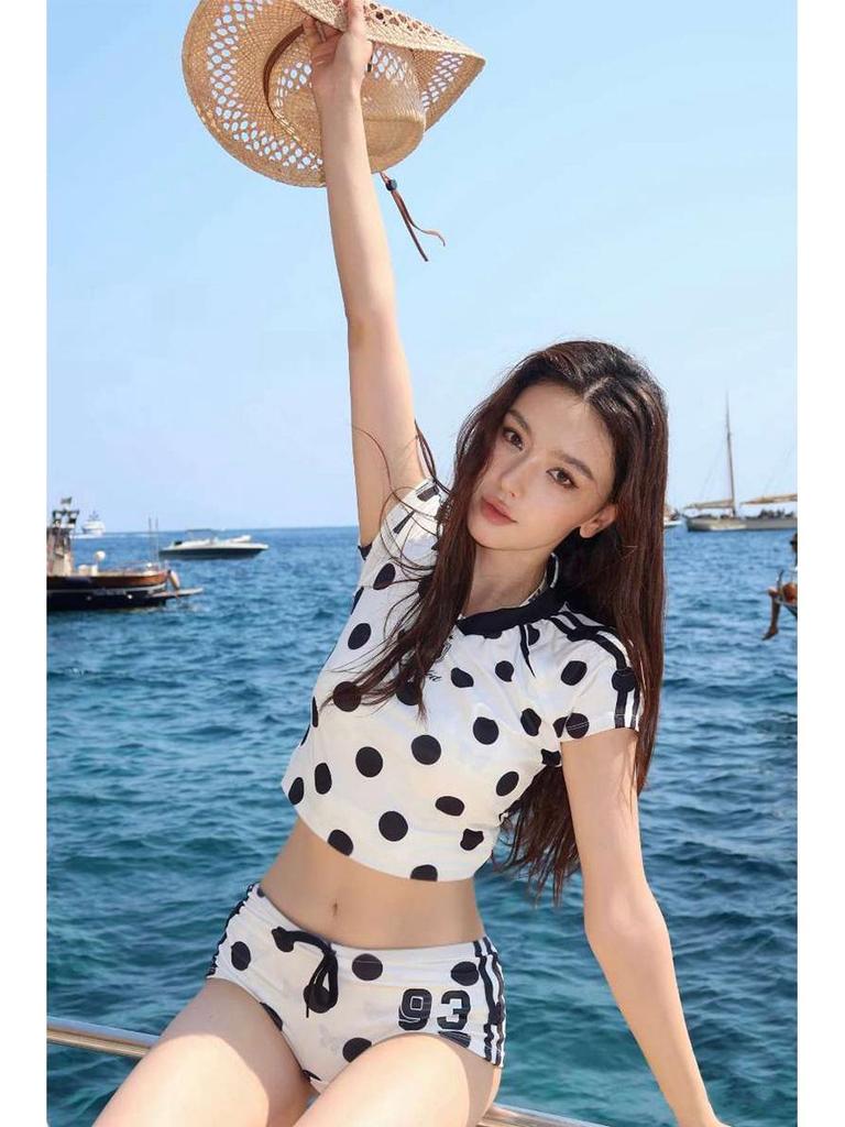 New Women's Colorblock Polka Dot Two-Piece Swimsuit - Sexy Short Sleeve Top & Low Waist Boyleg Bottoms
