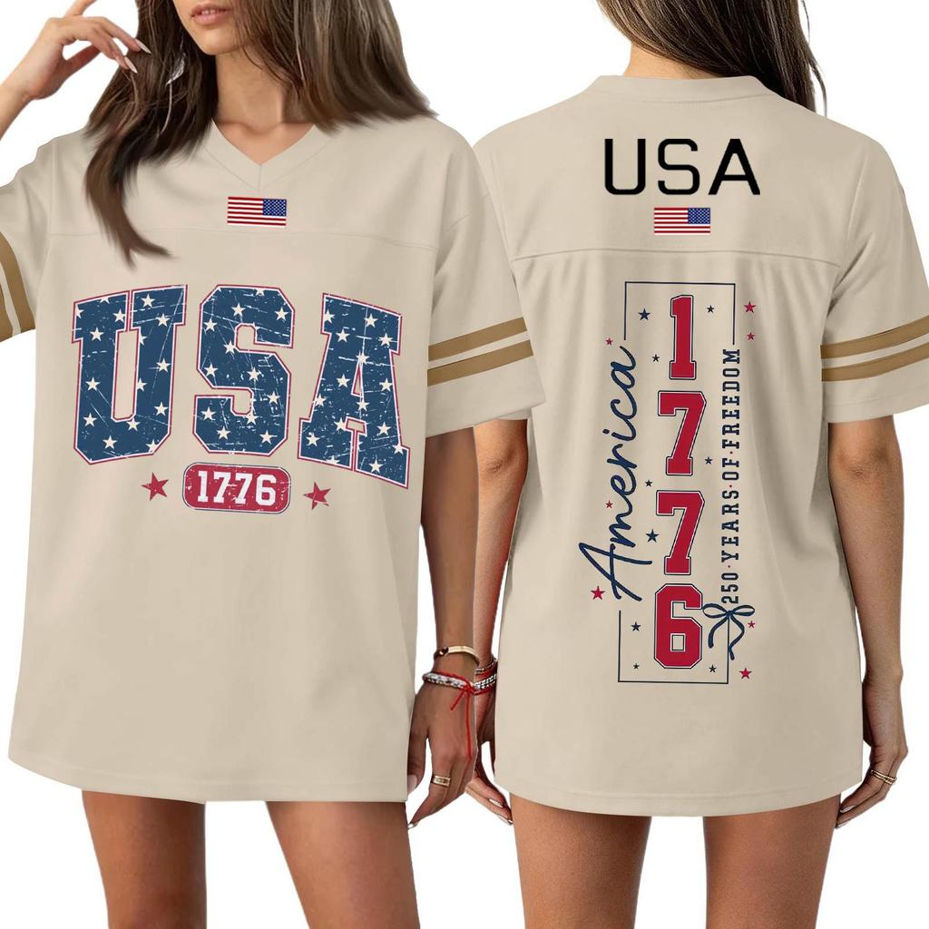 Damen Casual Mode V-Ausschnitt Sport Unabhängigkeitstag Druck Kurzarm Sport T-Shirt Top