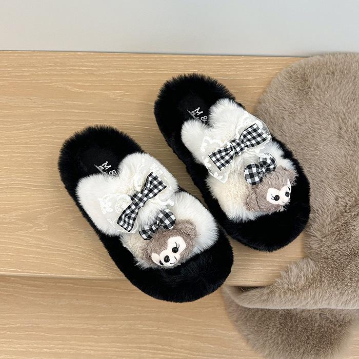 Cute Fluffy Slippers Women's Outer Wear 2025 New Home Indoor Non-slip Students Thick-bottomed Cotton Slippers