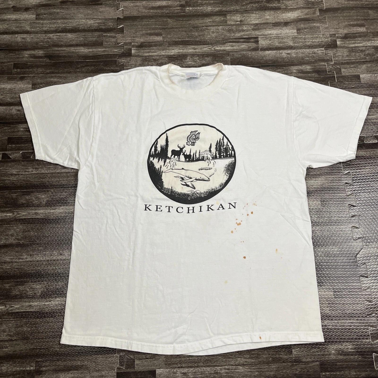

Vintage 90s Ketchikan Alaska Graphic Tee White XL Nature Animals THRASHED VTG L