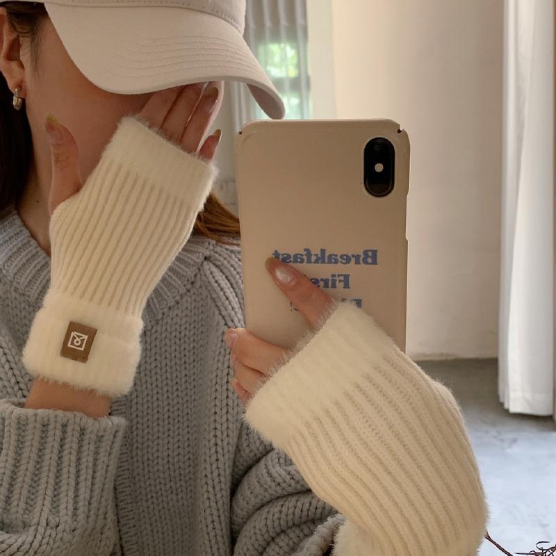 1Pair Fingerless Gloves Solid Color Plush Warm Knitted Soft Half-Finger Flexible Cold-proof