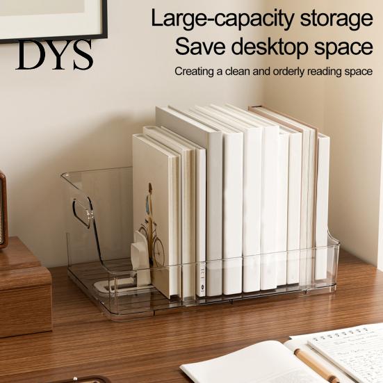 Transparent Desktop Storage Bin Sliding Action Bookend, Clear Book Stopper, Space Saving Organizer for Office Study Room File Sorter And Bookshelf