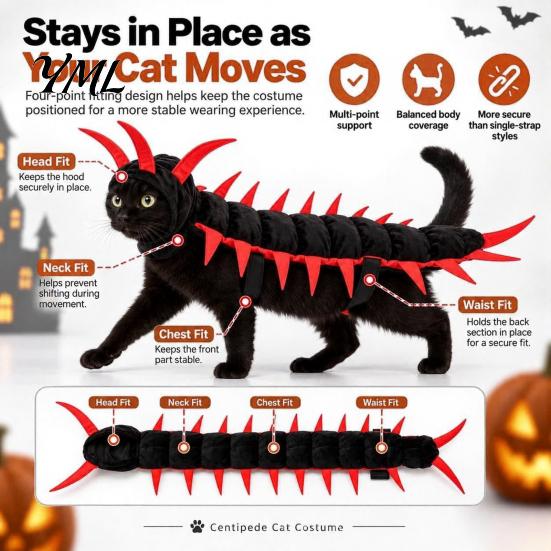 Holiday Pet Cosplay Accessories Centipede-Look Cat Costume, Halloween Outfit, Stuffed Plush Segmented Body with Themed Apparel Adjustable Straps,