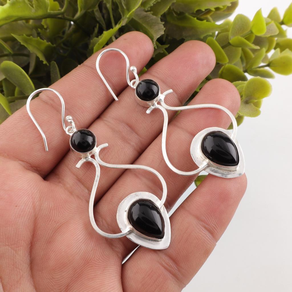 Natürlicher Schwarzer Turmalin Edelstein 925 Sterlingsilber Handgefertigte Ohrringe 2,07" EE-170-23