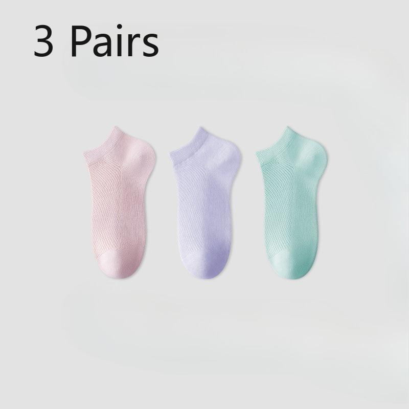 3 Pairs of Women's Summer Thin Candy Colored Mesh Breathable and Invisible Boat Socks