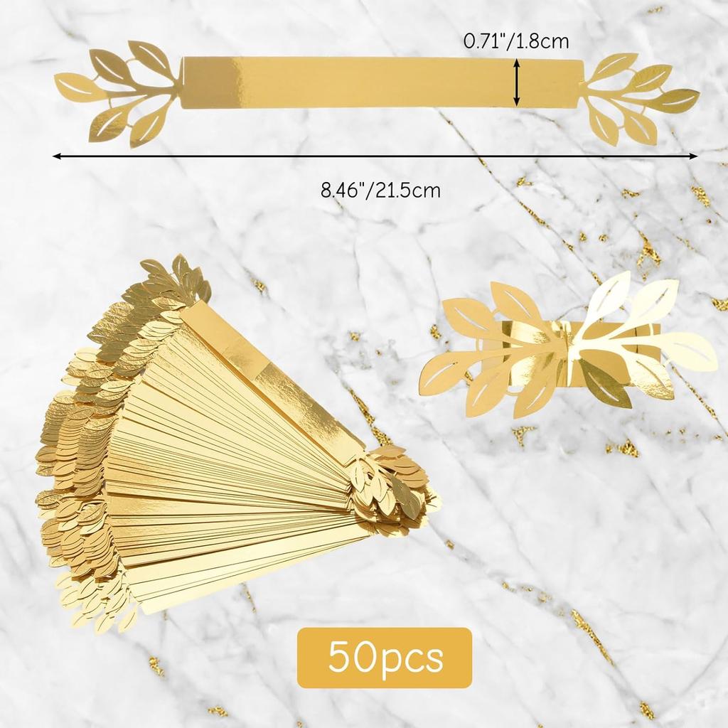 50 Pcs Gold Leaves Napkin Buckle, Reflective Gold Leaf-Shaped Paper Napkin Holder Rings For Dinner Party Celebration Table Decor