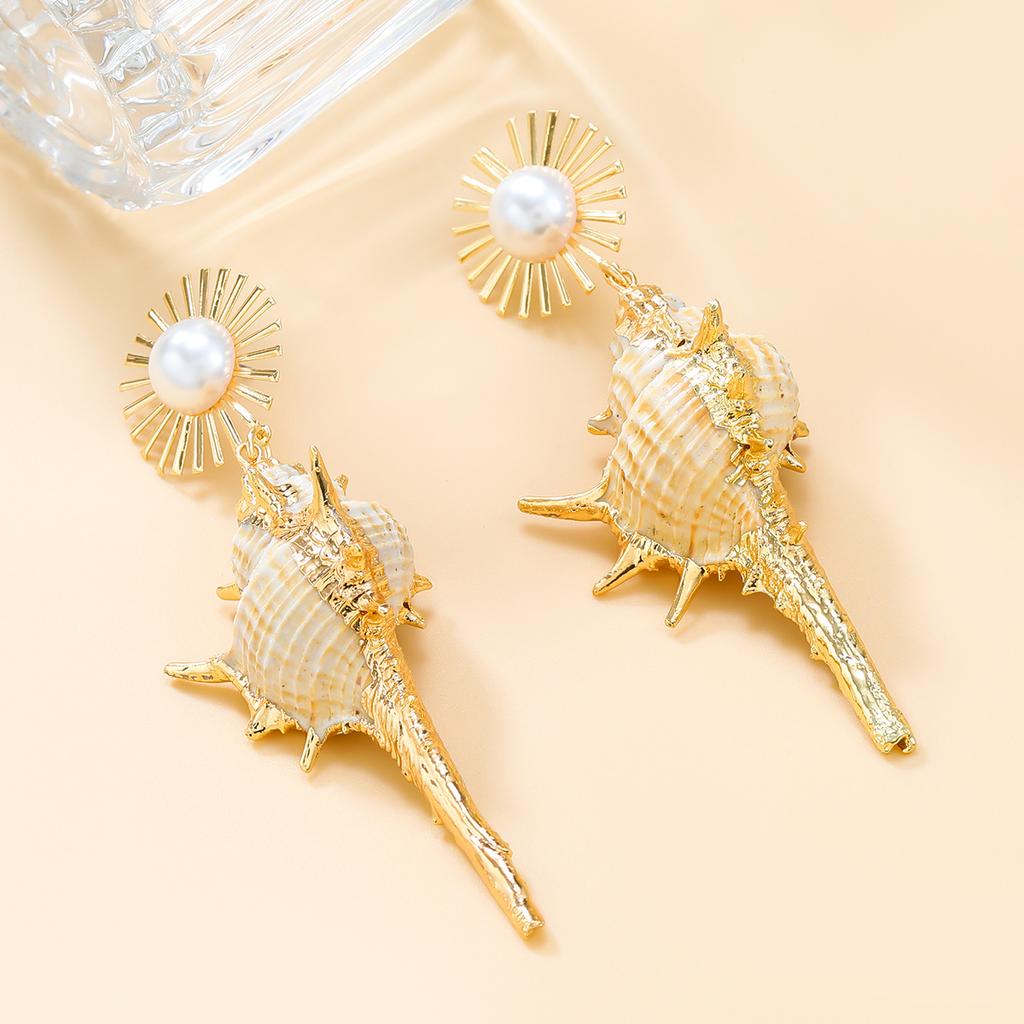 Autumn Conch Earrings Exaggerated Earrings Women'S Alloy Pearl Sunflower Bohemian Jewelry