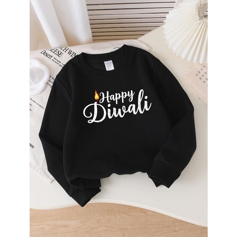 Girls Soft Crewneck SweatshirtHappy Diwali Festival Candle Print Design with Cute Creative Print, Casual All-Match for Fall Winter